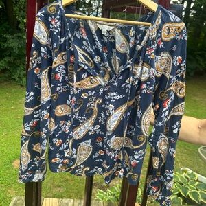 Lucky Brand Navy and Gold Paisley Blouse